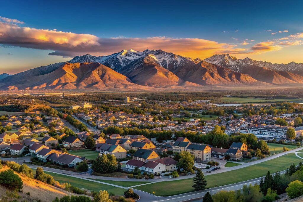 The image captures a panoramic view of a town nestled amidst mountains at sunrise or sunset with clear skies and warm light casting shadows over.