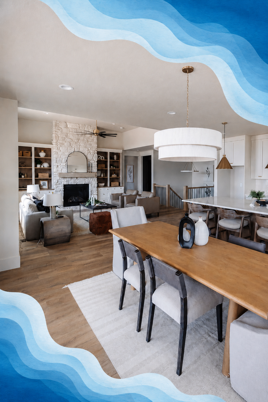 Kitchen in home with wave decor