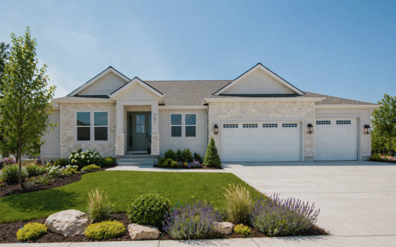 A house with a white exterior and two garage doors surrounded by greenery is under construction or newly built.